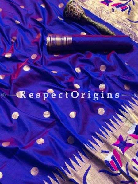 Pure Kanchipuram Silk Saree in Blue,Full Body Weaving With Contrast Running Blouse; RespectOrigins.com