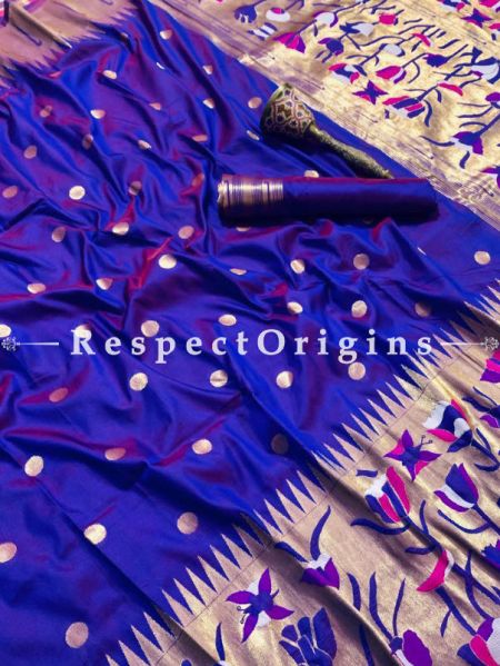 Pure Kanchipuram Silk Saree in Blue,Full Body Weaving With Contrast Running Blouse; RespectOrigins.com