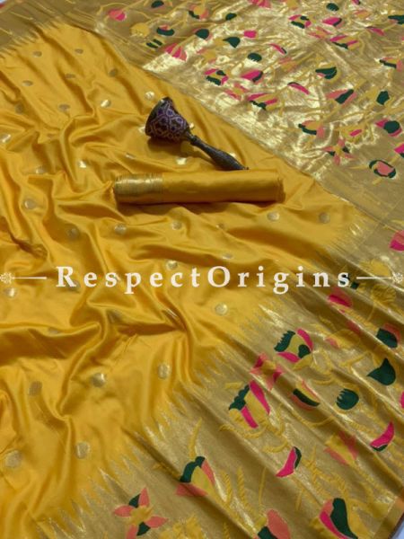 Pure Kanchipuram Silk Saree in Yellow,Full Body Weaving With Contrast Running Blouse; RespectOrigins.com