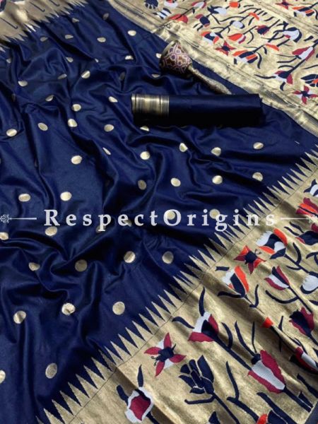 Pure Kanchipuram Silk Saree in Navy Blue,Full Body Weaving With Contrast Running Blouse; RespectOrigins.com