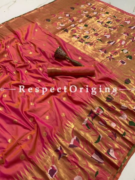 Pure Kanchipuram Silk Saree in Pink,Full Body Weaving With Contrast Running Blouse.; RespectOrigins.com
