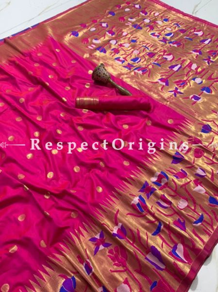 Ruby Red Pure Kanchipuram Silk Saree,Full Body Weaving With Contrast Running Blouse.; RespectOrigins.com