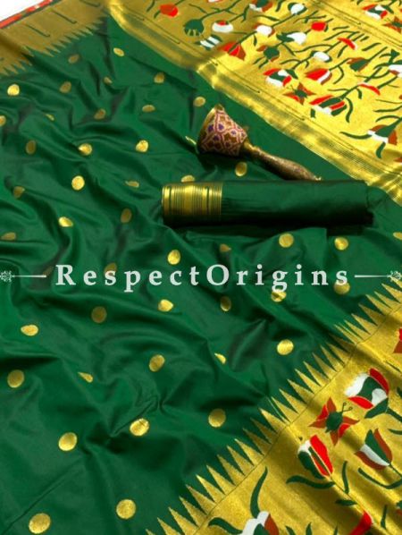 Pure Kanchipuram Silk Saree in Green Color,Full Body Weaving With Contrast Running Blouse.; RespectOrigins.com