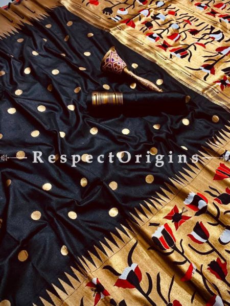 Pure Kanchipuram Silk Saree in Black Color,Full Body Weaving With Contrast Running Blouse.; RespectOrigins.com