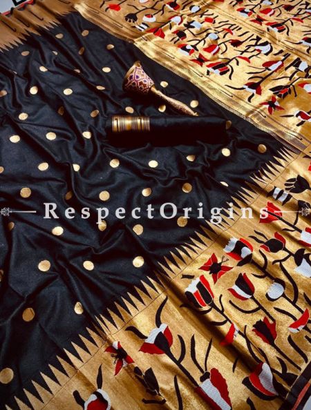 Pure Kanchipuram Silk Saree in Black Color,Full Body Weaving With Contrast Running Blouse.; RespectOrigins.com