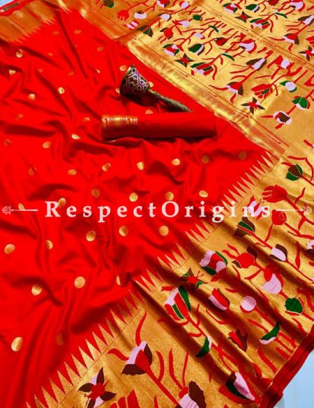Pure Kanchipuram Silk Saree in Ruby Red Color,Full Body Weaving With Contrast Running Blouse.; RespectOrigins.com