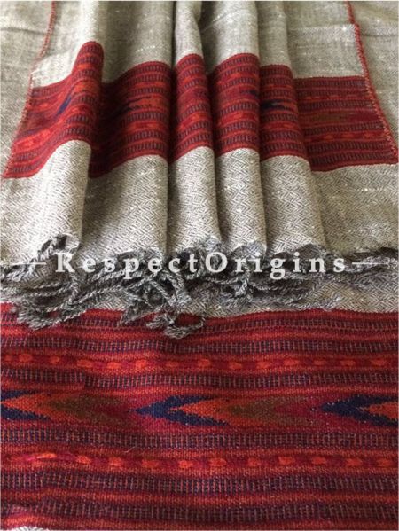 Buy White Hand woven Woolen Kullu Stoles From Himachal with red borders; Size 80 x 27 inches at RespectOrigins.com