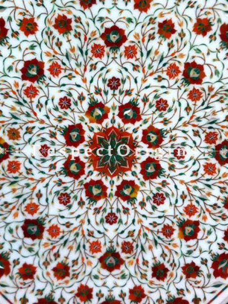 Buy Stylish Octagon Marble inlay Table Tops or Pietra Dura Circular White Marble Table Top with Jasper cornelian and Coral Semi Precious Stone; 2x2 Feet At RespectOrigins.com