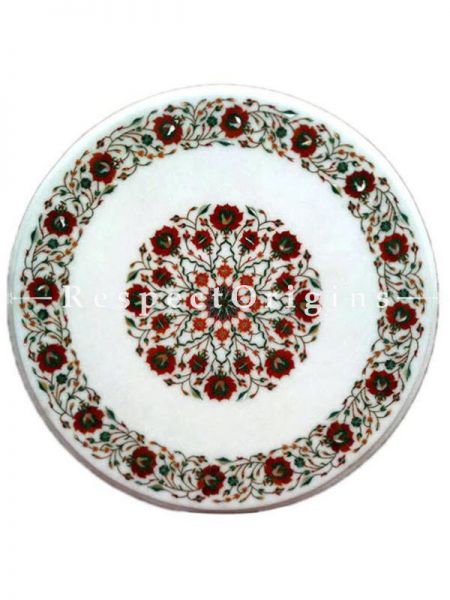 Buy Splendid Marble inlay Table Tops or Pietra Dura Round White Marble Table Top with Malchite Coral and Cornelian Semi Precious Stone; 2 Feet At RespectOrigins.com