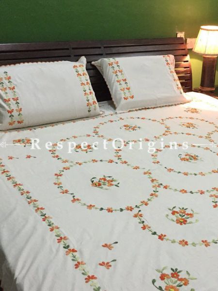Buy White; West Bengal Needle Work; Cotton Bed Cover; 2 Pillow Cases included; 90x108 in At RespectOrigins.com