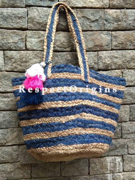 Eco-friendly Hand Braided Blue & Natural Jute Picnic & Shopping Boho Bags for Women; RespectOrigins
