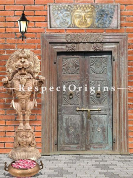 Buy Blue Patina Hued Solid Wood Antique Hand-carved Door Online at RespectOrigins.com