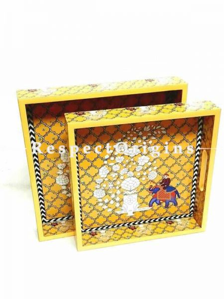 Set of 2 Large Wooden Premium Print Elephant Yellow Trays; Dinner Tray; Maritime Decor Gifts; Hand Crafted Crates. 11" X 11" X 2". 12" x 12" X 2".; RespectOrigins.com
