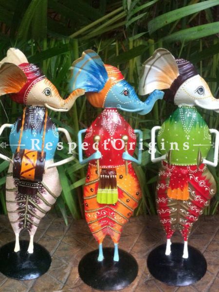 Set of 3 Handcrafted Ganesha Figurine Musician Showpiece; Wrought Iron; W5xH17 Inches; RespectOrigins.com
