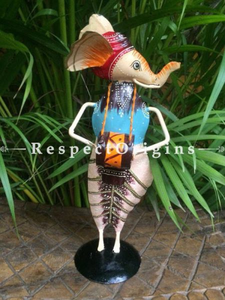 Set of 3 Handcrafted Ganesha Figurine Musician Showpiece; Wrought Iron; W5xH17 Inches; RespectOrigins.com