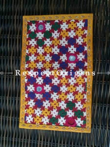 Visiting Card Holders; Genuine Handcrafted Leather; Green, Blue, White & Yellow Kutchi Embroidery; RespectOrigins.com