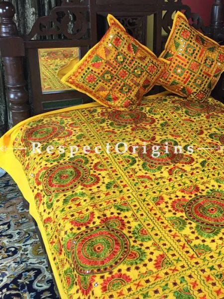 Buy Vibrant Yellow Grandeur in Mirror work; Single Cotton Bed Cover; 2 Cushion Cover included; 56x85 in At RespectOrigins.com