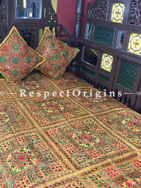 Buy Yellow Grandeur in Mirror work; Single Cotton Bed Cover; 2 Cushion Covers included; 56x85 in At RespectOrigins.com