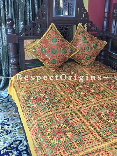 Buy Yellow Grandeur in Mirror work; Single Cotton Bed Cover; 2 Cushion Covers included; 56x85 in At RespectOrigins.com