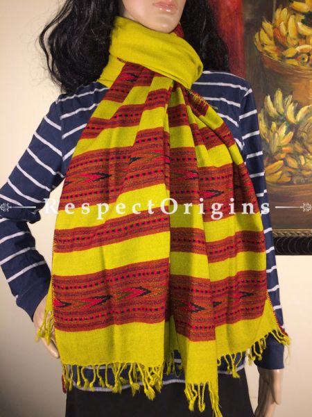 Buy Yellow Hand woven Woolen Kullu Stoles From Himachal with multiple Red borders; Size 80 x 27 inches at RespectOrigins.com