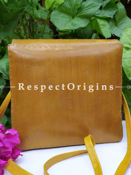 Tan Satchel Bag with Handcrafted detailing and Embroidered Patchwork; RespectOrigins.com