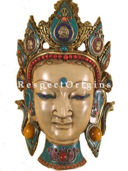 Buy Wall Mask; Wall Mask; Handcrafted Goddess Tara; Marble; Beige Base and multi color engraved stones, Size 9x5x15 in At RespectOrigins.com
