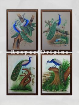 Buy Set of 4 Miniature Peacock Paintings On Paper; 10X14 inches; Vertical; Traditional Rajasthani Wall Art at RespectOrigins.com