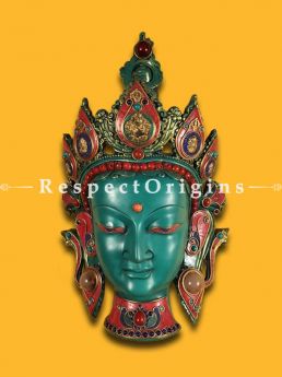 Buy Handcrafted Wall Mask; Wall Art; Goddess Tara; Marble; Blue Base and multi color engraved stones Size 9x6x15 in At RespectOrigins.com