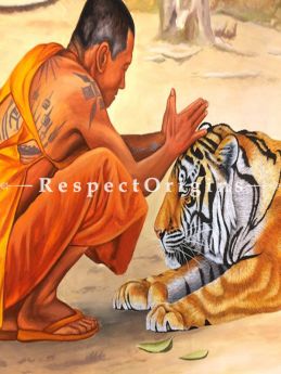 Buy Tiger with Buddhist Monk Painting; Acrylic Painting On Canvas; Wall Art; 48X36 inches at RespectOrigins