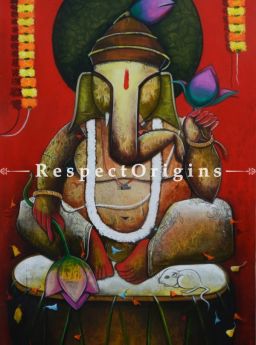 Buy Shree Ganesha in Mythological style; Large Horizontal Acrylic on Canvas painting in 30 X 54 inches; original Artwork;RespectOrigins.com
