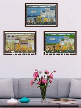 Buy Set of 3 Miniature Paintings of King's Procession On Silk; 10X12 inches ; Horizontal; Traditional Rajasthani Wall Art at RespectOrigins.com