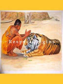 Tiger with Buddhist Monk Painting; Acrylic Painting On Canvas; Wall Art; 48x36 in
