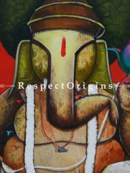 Shree Ganesha in Mythological style; Large Horizontal Acrylic on Canvas painting in 30x54 in; Original Artwork