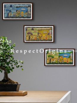 Buy Set of 3 Miniature Paintings of King's Procession On Silk; 5X7 inches; Horizontal; Traditional Rajasthani Wall Art at RespectOrigins.com