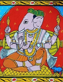 Painted Scrolls of Cheriyal; Lord Ganesha; Folk Art Square Painting in 8x8 in; Traditional Painting on Canvas
