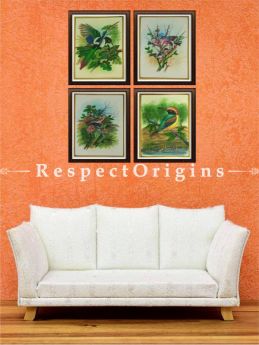 Buy Set of 4 Traditional Miniature Bird Paintings On Silk; 10X14 inches ; Vertical; Rajasthani Wall Art at RespectOrigins.com