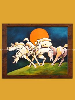 M.F Hussain Reproduction 4 White Horses Series Acrylic on Canvas: 32 x 24 inches|RespectOrigins