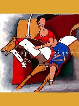 MF Husain Reproduction Painting Woman Fighter on a Horse Acrylic on Canvas Modern Art Painting : 24 x 24 in|RespectOrigins