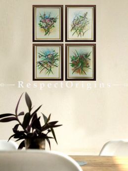 Buy Set of 4 Miniature Bird Paintings On Silk; 10X14 inches ; Vertical; Traditional Rajasthani Wall Arts at RespectOrigins.com