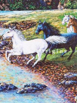 Running Horses towards The Stream - Canvas Art Print, Inks On Canvas - 22In x 14In