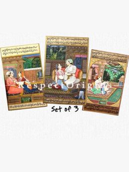 Set of 3 Courtly Romance in Miniature Paper Paintings 5x7 Ftches; Vertical; Traditional Rajasthani Wall Art