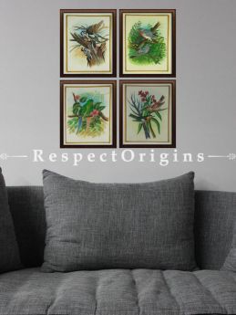 Buy Set of 4 Miniature Bird Paintings On Silk; 10X14 inches;  Vertical; Rajasthani Wall Art at RespectOrigins.com