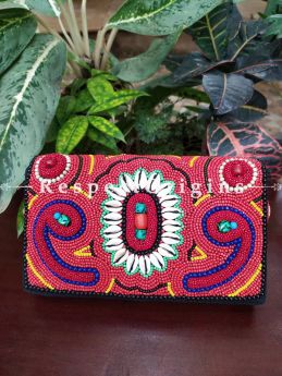 Coral, Turquoise and Emerald Green Coloured Boho Bead Sling Bag. Multi-coloured Hand-stitched Himalayan Ladakhi Beadwork Clutch with Strap.