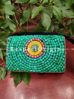 Green Hand-stitched Himalayan Ladakhi Beadwork Clutch with Strap.