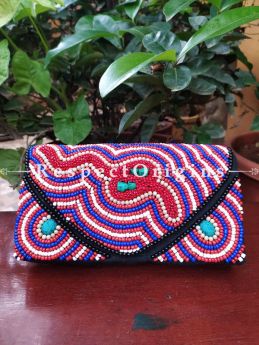 One-of-a-kind Boho Bead Sling Bag. Multi-coloured Hand-stitched Himalayan Ladakhi Beadwork Clutch with Strap.