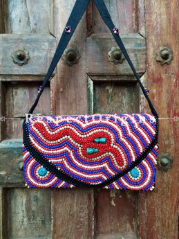 One-of-a-kind Boho Bead Sling Bag. Multi-coloured Hand-stitched Himalayan Ladakhi Beadwork Clutch with Strap.