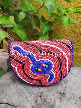 Eye-catching Cross-body with Flap Boho Bead Sling Bag. Multi-coloured Hand-stitched Himalayan Ladakhi Beadwork Clutch with Strap.