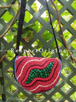 Rose Red and Leaf Green Cross-body with Flap Boho Bead Sling Bag. Multi-coloured Hand-stitched Himalayan Ladakhi Beadwork Clutch with Strap.