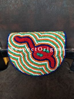 Saffron, Green and White Cross-body with Flap Boho Bead Sling Bag. Multi-coloured Hand-stitched Himalayan Ladakhi Beadwork Clutch with Strap.