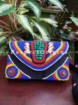 Striking Blue, Yellow and Red Boho Bead Sling Bag. Multi-coloured Hand-stitched Himalayan Ladakhi Beadwork Clutch with Strap.